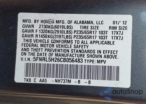 2012 Honda Odyssey Lx z USA, uszkodzony, nr VIN 5FNRL5H26CB056483